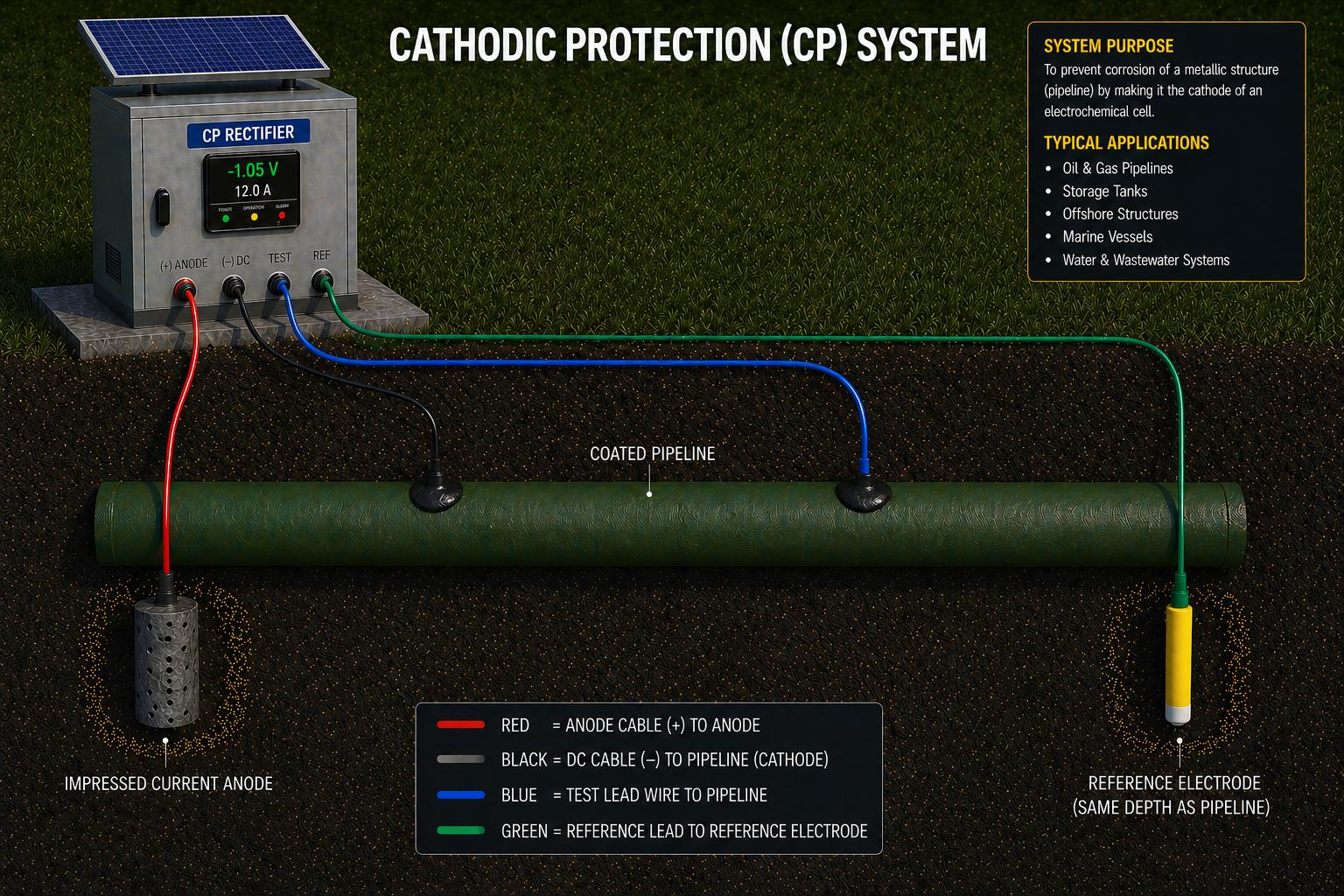 Cathodic Protection (CP) System diagram showing CP rectifier, impressed current anode, coated pipeline, and reference electrode
